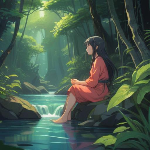 A serene and introspective scene, a person sitting in a tranquil nature setting, surrounded by gentle flowing water and lush greenery, soft sunlight filtering through the trees, a sense of calm and reflection, symbolic elements like crystals and feathers, conveying a spiritual connection, vibrant colors, ethereal atmosphere, 4k