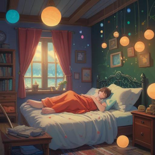 A serene illustration depicting an individual resting on a bed, surrounded by gentle ethereal light, symbols of healing energy like soft glowing orbs, a peaceful expression on their face, nature elements like plants and flowers subtly integrated, hints of spiritual symbols like mandalas in the background, calming color palette, watercolor effect, 4k