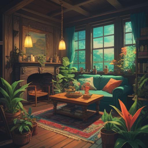 A serene lifestyle scene, gentle colors, peaceful environment, harmony between mind and body, natural elements like plants and soft lighting, relaxation techniques such as meditation or yoga, cozy indoor space with comfortable furniture, calming atmosphere, focus on well-being, 4k