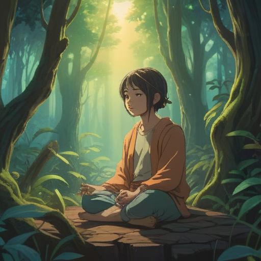 A serene illustration depicting a person meditating in a tranquil natural setting, soft light filtering through trees, ethereal glow surrounding the individual, symbols of healing energy and spirituality, calm expression, harmonious blend with nature, vibrant greenery, gentle stream flowing nearby, peaceful atmosphere, 4k