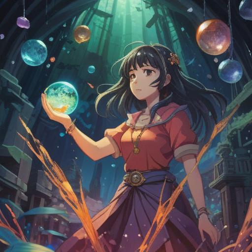 A serene scene depicting a woman surrounded by symbolic spiritual signs, subtle energies manifested in the air, vibrant crystals, gentle light illuminating her, serene expression of awareness, a natural setting with flowing water and lush greenery, tranquil atmosphere, ethereal elements emphasizing health and balance, 4k