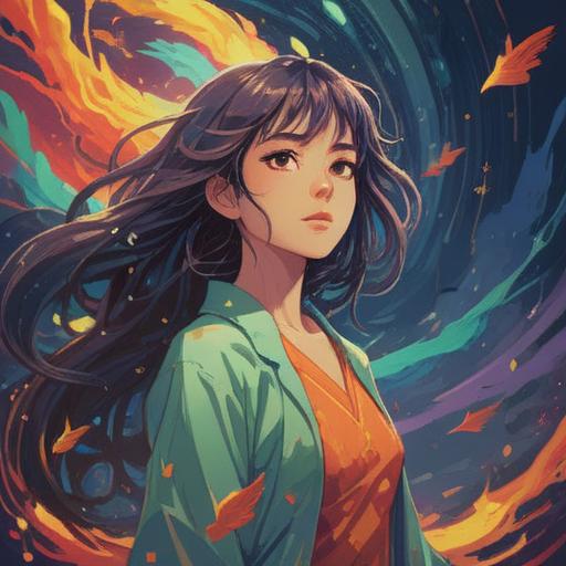 A vibrant and soothing illustration depicting a woman surrounded by a spectrum of calming colors, each hue radiating positive energy, ethereal light illuminating her figure, serene facial expression, abstract shapes symbolizing balance and harmony, gentle flowing patterns that represent stability, harmonious nature scene in the background, 4k