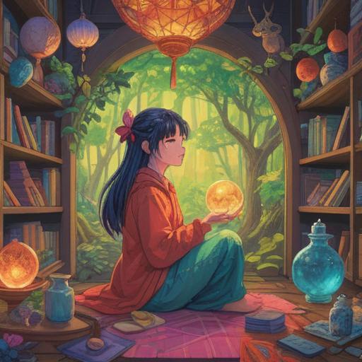 A vibrant illustration of a woman practicing self-care surrounded by colorful elements, soothing colors enveloping her, harmonious blend of nature and abstract patterns, representation of emotional and physical wellness, detailed expressions of relaxation and joy, soft light illuminating the scene, dynamic use of colors to symbolize healing and empowerment, 4k