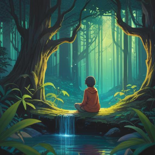 A serene illustration depicting a person sitting peacefully in a tranquil forest, surrounded by ethereal light, gentle flow of energy, auras glowing softly, reflections of nature's beauty, butterflies fluttering around, harmonious connection with the universe, moments of introspection and healing, 4k