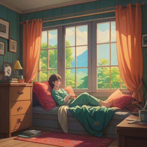 A serene and calming scene depicting a person resting peacefully in a soft, cozy environment, gentle sunlight filtering through window curtains, surrounded by healing crystals, herbal tea on a side table, gentle aura glowing around the figure, symbolizing spiritual awakening and inner peace, nature elements like plants and flowers enhancing the atmosphere, tranquil vibes, 4k