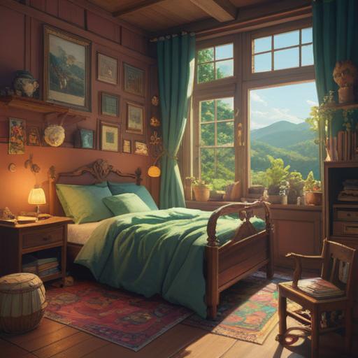 A comforting scene depicting a cozy bedroom, soft natural light streaming through the window, a bedside table adorned with lucky charms, herbal tea steaming gently, a soft blanket draped over a chair, a warm atmosphere of healing and relaxation, elements symbolizing good fortune and wellness, inviting colors, serene setting, 4k