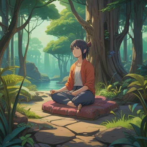 A peaceful scene depicting a person meditating in a serene environment, surrounded by gentle nature elements, soothing colors, soft light filtering through trees, warm tea and comforting blankets nearby, a sense of calm and tranquility, emotional support represented through supportive friends in the background, healing atmosphere, 4k