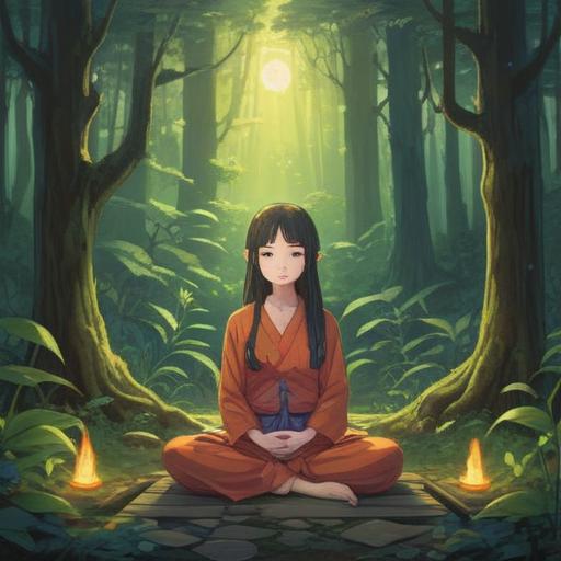 A serene and mystical illustration, a figure meditating in a tranquil forest, ethereal light filtering through the trees, symbols of healing energy surrounding the figure, a sense of introspection and spiritual growth, vibrant colors representing emotions, harmony with nature, a peaceful atmosphere, 4k