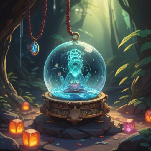 A spiritual lucky item for prolonged health issues, an enchanting amulet glowing softly, surrounded by calming crystals, warm sunlight filtering through gentle clouds, a sense of healing energy enveloping the scene, intricate designs on the amulet, pastel colors, a serene atmosphere, nature elements incorporated, 4k