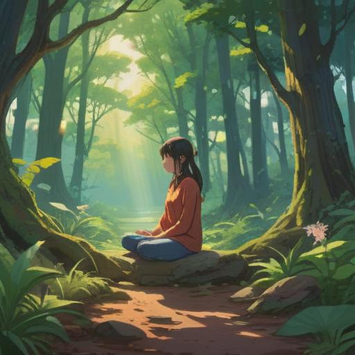 A serene landscape depicting a person sitting in meditation, surrounded by nature, gentle sunlight filtering through the trees, symbols of healing energy, vibrant colors representing vitality, soft ethereal glow, flowing water nearby, sense of tranquility, spiritual awakening, 4k