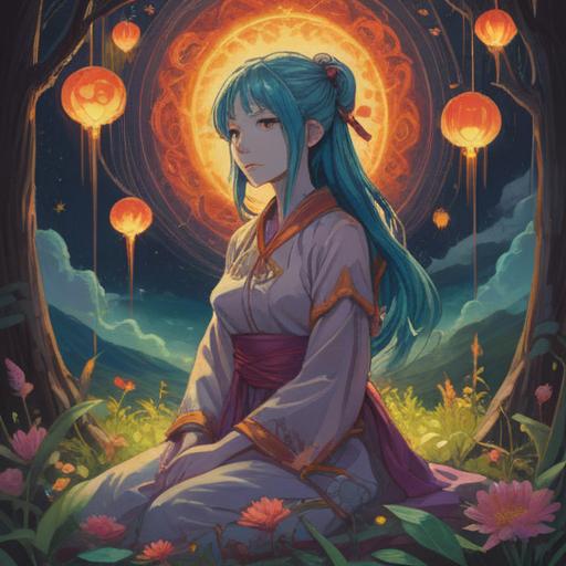 A mystical illustration depicting spiritual signs during ongoing health issues, ethereal light surrounding a contemplative figure, symbolic representations of intuition and mindfulness, serene nature backdrop emphasizing healing energy, vibrant colors indicating emotional awareness, 4k