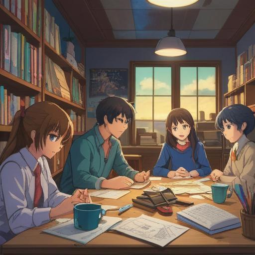 A serene office setting, diverse group of people collaborating around a large table, colorful sticky notes and charts scattered around, focused expressions, modern workspace, natural light pouring in through large windows, feeling of teamwork and productivity, vibrant atmosphere, high-resolution