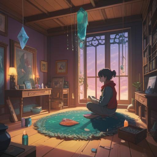 A serene and introspective scene, a person sitting quietly in a peaceful room, surrounded by soft light, various healing crystals placed nearby, symbolic representations of energy flow and balance, ethereal aura and gentle smoke, a subtle connection to nature through open windows, visual metaphors of self-care and reflection, calming and restorative atmosphere, 4k