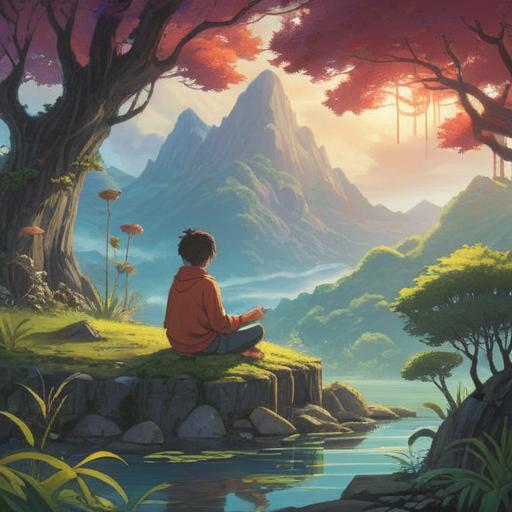 A serene and introspective scene, a person meditating in nature, surrounded by gentle light, ethereal patterns in the air, symbols of growth and healing, a sense of calm and renewal, vibrant foliage representing life energy, soft glow indicating spiritual connection, tranquil environment, 4k