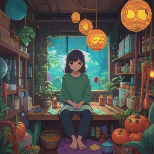 A surreal scene depicting a person surrounded by wellness tools and remedies, vibrant colors, elements of nature symbolizing healing, a calm expression, an atmosphere of hope and positivity, small lucky charms and symbols of good fortune scattered around, whimsical touch, intricate details highlighting the contrast between the person’s discomfort and the positivity of their surroundings, 4k