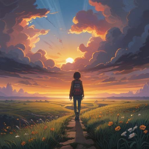 A serene landscape depicting a sunrise breaking through dark clouds, symbolizing hope and new beginnings, radiant light illuminating the horizon, vibrant colors reflecting optimism, gentle breeze rustling through leaves, signs of nature awakening, encouraging atmosphere, detailed foreground with blossoming flowers, 4k