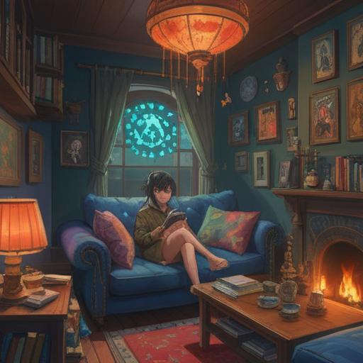 A cozy home environment, dim lighting, an individual sitting on a couch looking unwell, subtle mystical symbols in the air, a sense of unease, gentle shadows, calming colors, spiritual aura, warm yet haunting atmosphere, detailed interior, hints of nature outside, awareness of spiritual signs, 4k