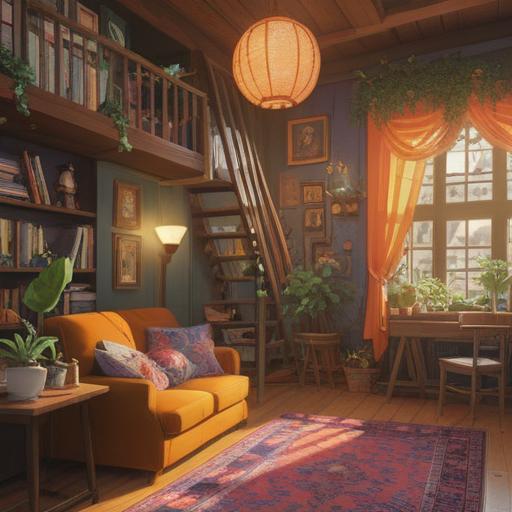 A cozy home interior, vibrant and inviting atmosphere, lucky items like crystals and plants, sunlit room with cheerful decor, warm colors, harmonious energy flow, comfortable furniture, subtle details like positive affirmations, peaceful ambiance, 4k