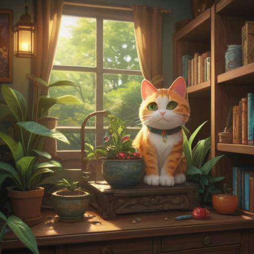 A cozy living room scene, featuring a charming lucky cat figurine, vibrant plants adding a touch of nature, sunlight streaming through a window, a warm cup of tea on a wooden table, soft blankets and cushions creating a welcoming atmosphere, elements symbolizing good fortune, inviting and serene vibe, 4k