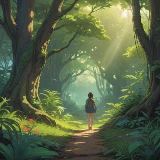 A serene and introspective scene depicting a person in nature, surrounded by lush greenery and gentle sunlight filtering through the trees, conveying the idea of physical discomfort leading to spiritual awakening, soft focus on the character's expression of calmness and contemplation, symbols of healing and personal growth such as blooming flowers and a tranquil stream, harmonious colors blending together, peaceful atmosphere, 4k