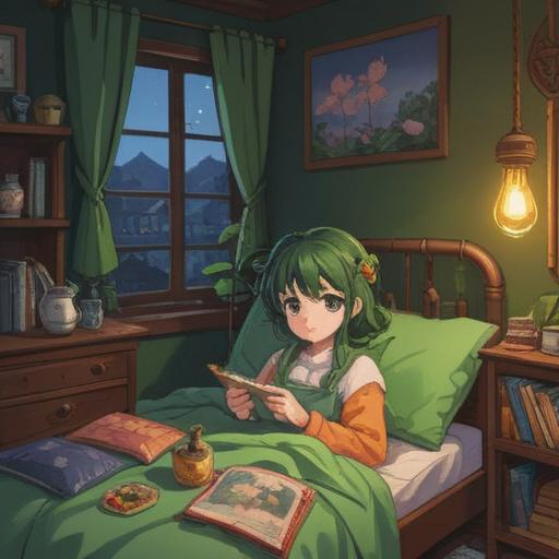A cozy bedroom scene, a person lying in bed with a thermometer, surrounded by lucky items like a four-leaf clover, a rabbit's foot, and a lucky cat figurine, soft morning light filtering through the window, warm blankets, comforting atmosphere, elements of healing and hope, inviting composition, 4k