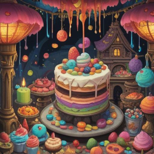 A whimsical scene featuring a broken scale, colorful lucky charms scattered around, an assortment of delicious food items like cakes and fruits, playful atmosphere, cheerful characters celebrating, vibrant colors, 4k