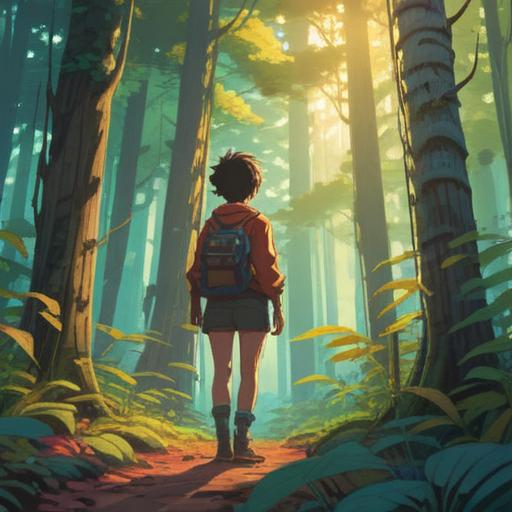 A vibrant illustration of a person standing at the edge of a beautiful forest, contemplating their next adventure, sunlight filtering through the leaves, a sense of hope and determination in their posture, surrounded by blooming flowers symbolizing growth, an inviting path leading into the woods, inspiring atmosphere, 4k