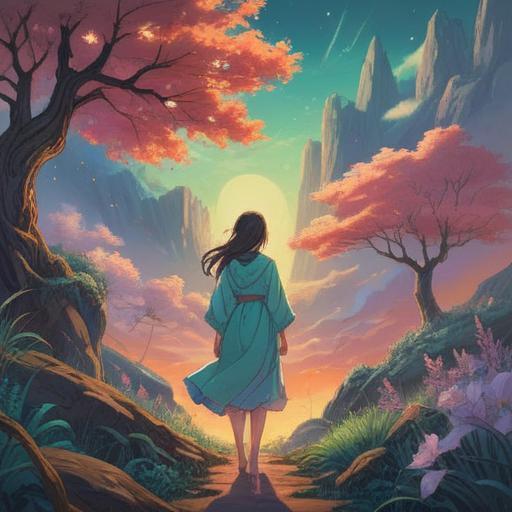 A serene illustration depicting a fragile figure surrounded by ethereal light, symbolic representation of spiritual vulnerability, soft and gentle colors, peaceful landscape with flowing water and blooming flowers, aura of tranquility, delicate details emphasizing the fragility and strength of the spirit, calming atmosphere, 4k