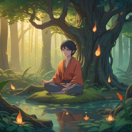 A serene and mystical illustration representing spiritual healing, a person meditating in a tranquil environment, soft light filtering through trees, symbols of balance and harmony surrounding them, ethereal glow, peaceful expression, nature elements such as flowing water and gentle breezes, vibrant colors, 4k
