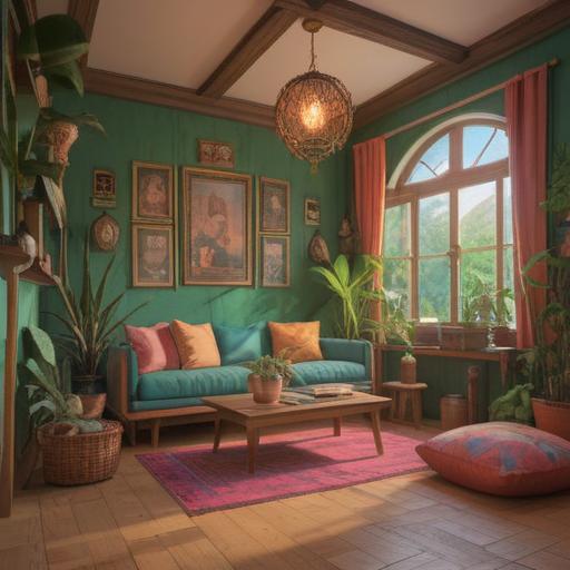 A calming interior scene, cozy living room, surrounded by plants and natural light, meditation cushions on the floor, warm colors, soft textures, a journal and calming tea on a side table, inviting atmosphere, elements of mindfulness and tranquility, 4k