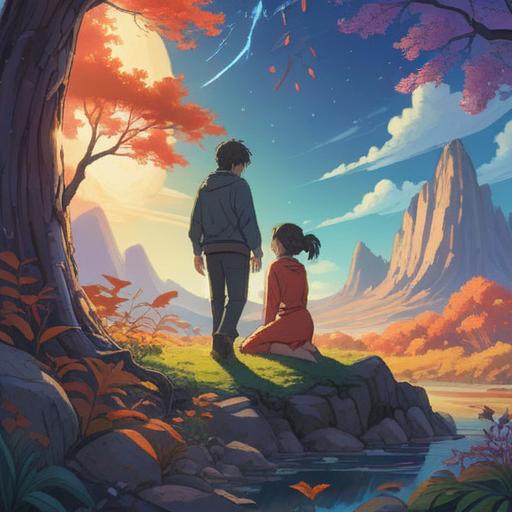 A thought-provoking illustration depicting a couple in a serene nature setting, contrasting body postures with vibrant energy auras surrounding them, symbols of spiritual connection in the air, gentle light filtering through trees, harmonious colors, ethereal atmosphere, abstract representations of feelings and energies, 4k