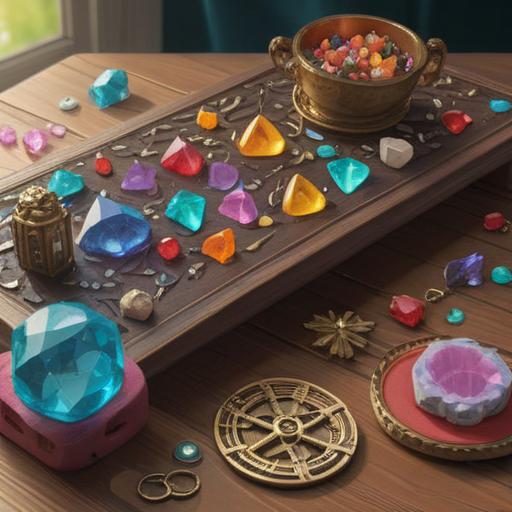 A mystical illustration of spiritual lucky items for poor body compatibility, various colorful crystals and charms, placed on a wooden table, surrounded by candles and incense smoke, a serene atmosphere, intricate patterns on the items, warm and inviting light, 4k