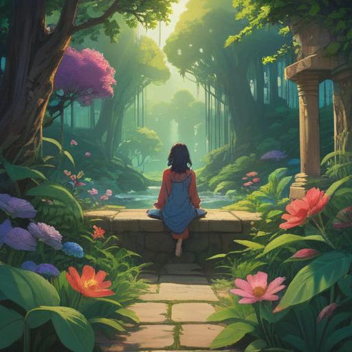 A serene and peaceful scene depicting a meditative figure in a tranquil nature setting, surrounded by lush greenery and vibrant flowers, soft sunlight filtering through trees, harmonious colors reflecting calmness, gentle flowing water nearby, symbols of spirituality and balance, ethereal atmosphere, 4k