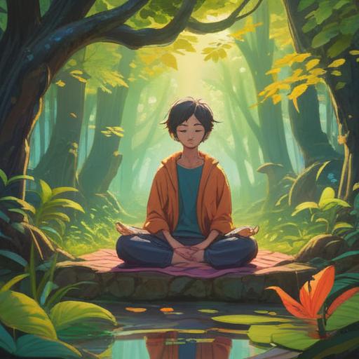 A serene and focused scene depicting a person meditating in a tranquil environment, soft natural light filtering through leaves, closed eyes conveying deep concentration, harmonious energy flow symbolized by gentle waves around the individual, elements of balance and wellness, inspiring a sense of connection and inner peace, 4k
