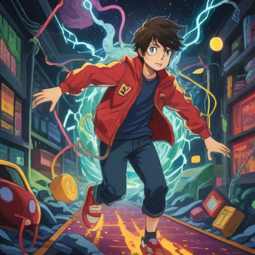 A vibrant and surreal illustration of a person experiencing an electric sensation coursing through their body, surrounded by shimmering lucky items, colorful lightning bolts, ethereal light effects, a dreamy atmosphere, whimsical elements, 4k