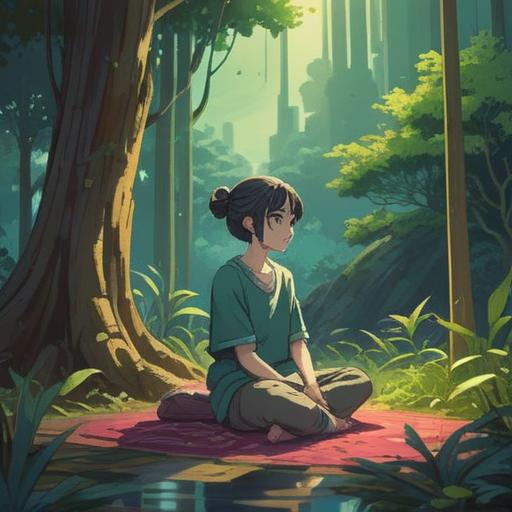 A serene meditation scene, a peaceful person sitting cross-legged, gentle glow of soft light surrounding them, tranquil nature in the background, calming waves and flowing water, lush greenery, soothing colors, blissful expression, harmonious atmosphere, 4k