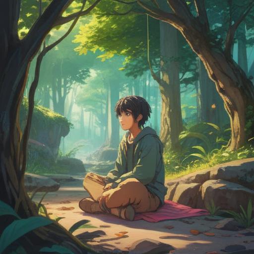 A serene and introspective scene, a person sitting cross-legged in a peaceful natural setting, surrounded by soft light and ethereal colors, heavy shadows symbolizing burdens, a visual representation of spiritual weight, gentle wind rustling leaves, a sense of tranquility and reflection, 4k