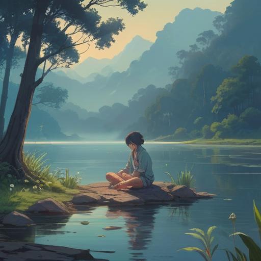A serene and introspective scene depicting a person sitting cross-legged on a calm lake shore, surrounded by soft mist, symbols of spiritual signs gently floating around, such as feathers, light orbs, and chakra representations, reflecting on their emotions, nature’s tranquility, moments of self-awareness, soft glow of dawn breaking in the background, 4k