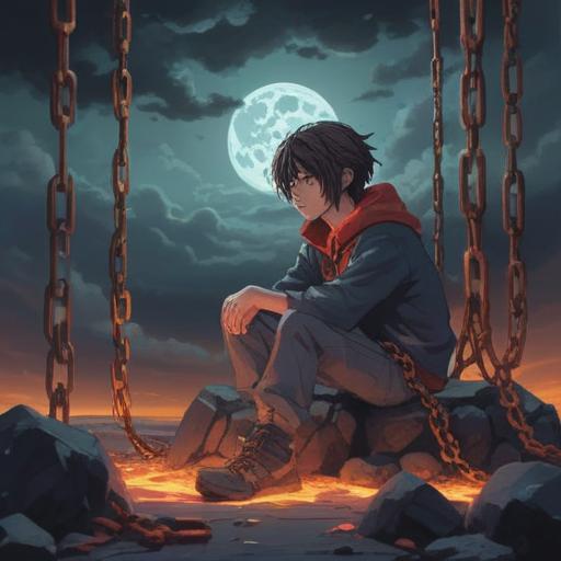 A surreal illustration of a person sitting on the ground, surrounded by dark clouds, heavy chains symbolizing fatigue, a glowing lucky stone in their hand, soft light illuminating the stone, contrasting with the gloomy background, waves of energy radiating from the stone, creating a sense of hope, 4k