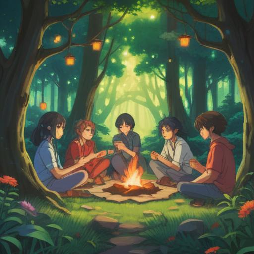 A serene outdoor gathering, diverse group of friends sharing stories, vibrant colors, lush green park setting, soft sunlight filtering through trees, joyful expressions, picnic blanket with food items, sense of community and connection, 4k