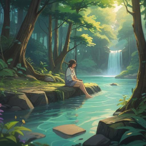 A peaceful scene depicting a person relaxing in a serene natural environment, soft sunlight filtering through lush trees, gentle flowing water nearby, a sense of tranquility and mindfulness, representing emotional and spiritual rejuvenation, colorful wildflowers surrounding, inviting atmosphere, reflective facial expression, 4k