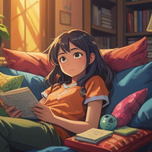 A dreamy illustration of a tired character lounging on a couch, surrounded by soft pillows, holding a lucky number card, warm sunlight filtering through a window, cozy indoor setting, hints of inspiration in the background, subtle symbolism of motivation, 4k