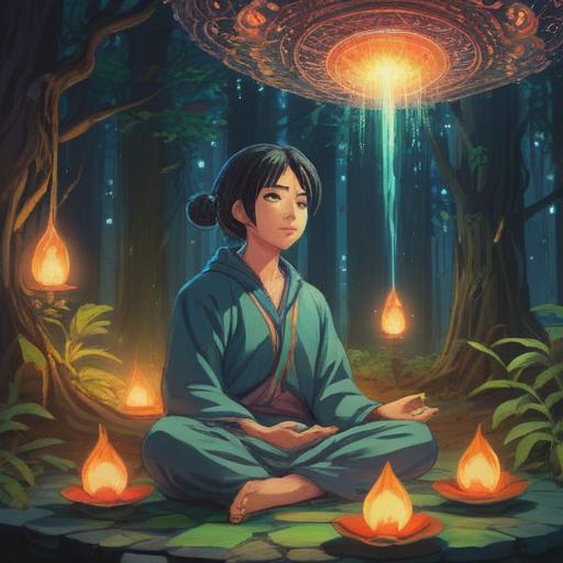 A serene illustration depicting a person in deep meditation, surrounded by glowing light, ethereal energy flowing around the body, symbols of spirituality and enlightenment, a sense of peacefulness and clarity, harmonious colors, soft illumination, tranquil atmosphere, 4k