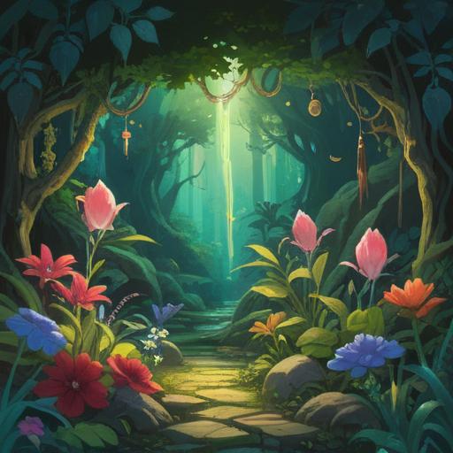 A serene scene featuring a beautiful lucky crystal, soft glowing light emanating from it, surrounded by lush green plants and colorful flowers, a calming atmosphere, gentle sunlight filtering through the leaves, tranquil garden setting, representing healing and peace, 4k