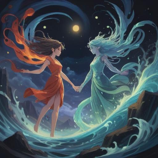 A serene spiritual illustration representing harmonious body compatibility, ethereal connection between two figures, flowing energy currents, vibrant auras intertwining, elements of tranquility and unity, natural surroundings, balanced composition, soothing ambiance, 4k