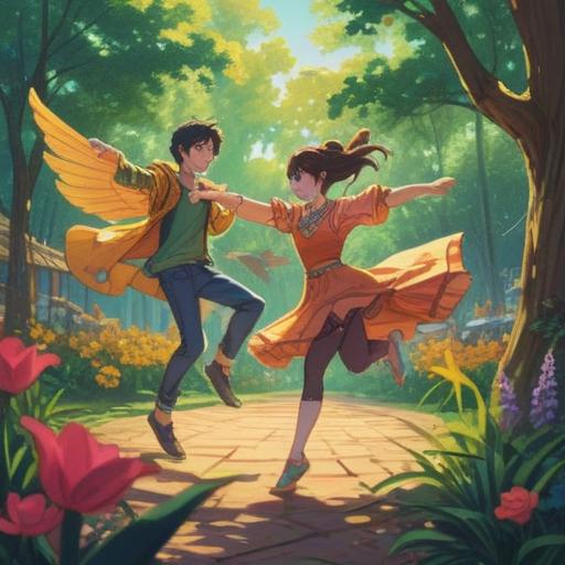 A vibrant illustration of two people performing a synchronized dance in a sunlit park, bright colors, joyful expressions, harmony in movement, surrounded by blooming flowers, a sense of connection and energy, warm sunlight filtering through trees, infusing positive vibes, 4k