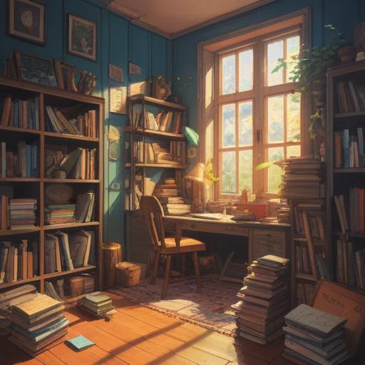 A cozy and inviting scene of a well-organized workspace, sunlight streaming through a window, a neatly stacked pile of books, notebooks filled with colorful sticky notes, a laptop with a to-do list displayed, plants adding a touch of greenery, warm and calming colors, harmonious atmosphere, reflecting efficiency and productivity, 4k