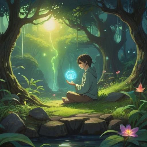A serene and introspective scene, a person sitting in meditation surrounded by nature, glowing light representing positive energy, subtle symbols of healing on the skin, a sense of tranquility and spiritual awakening, lush greenery and gentle sunlight, harmonious atmosphere, 4k