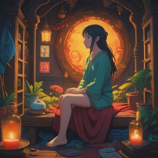 A serene scene depicting a person examining their body in a peaceful environment, soft lighting reflecting self-care, symbols of spirituality like chakras and energy flows, introspective mood, calming colors, natural elements like plants and water to signify healing, 4k