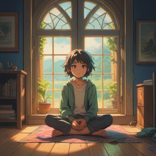 A serene illustration of a young person sitting cross-legged in a peaceful room, calming meditation, soft sunlight streaming through a window, a mirror reflecting gentle self-acceptance, plants symbolizing growth, warm and comforting atmosphere, detailed facial expression conveying inner peace, soothing color palette, 4k